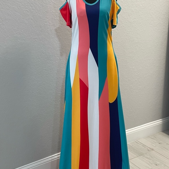 Colorblock Striped Off the Shoulder Maxi Dress - M - Picture 3 of 12